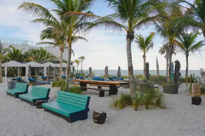 a group of benches on the beach with palm trees at Gorgeous Views Await in Your Beachfront Condo in Hollywood
