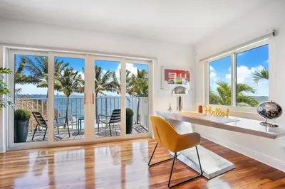a living room with a desk and a view of the ocean at Best Bayfront View Heated Pool in Miami Beach