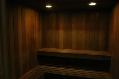a sauna with wood paneled walls and a wooden shelf at Glamorous Bay View Studio In The Heart Of Grove in Miami