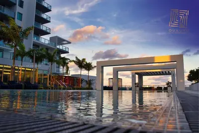 a rendering of a swimming pool in front of a building at Miami design district, view of the bay - city in Miami