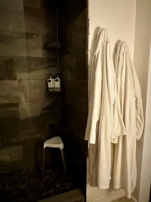 a bathroom with a shower with white towels and a stool at Flora's Garden Apartment/Studio in North Miami