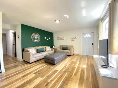 a living room with a couch and a flat screen tv at Lively Home near Downtown, stadium, Wynwood in Miami