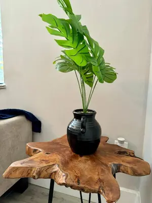 a black vase on a wooden table with a plant at HOT TUB HOUSE ON GOLF COURSE! 10 MINs TO THE BEACH in Miami