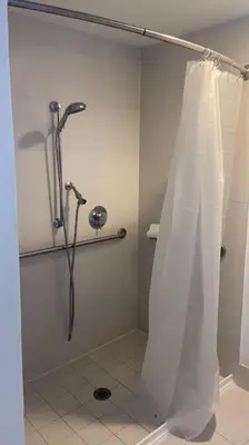 a shower with a shower curtain in a bathroom at Seaside Retreat in Miami, Full Kitchen & Balcony Views -A in Hallandale Beach