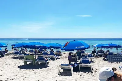 a beach with many chairs and blue umbrellas at Beachy Vibes Studio, 2 Full Beds, Near Everything in Hallandale Beach