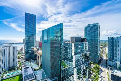 an aerial view of a city with tall buildings at Majestic Penthouse with Ocean and City Views in Miami