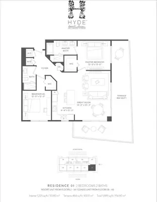 a floor plan of a house at HYDE 2BR Panoramic Oceanview - No Resort Fees & Free Parking Exclusive to This Unit T3801 in Hollywood