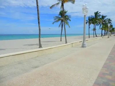 a sidewalk next to a beach with palm trees and a street light at 316 Footloose #1 in Hollywood