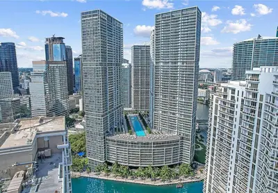 an aerial view of a city with tall buildings at Waterfront Luxury Apartment 2 Bedrooms IconBrickell in Miami