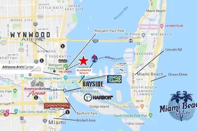 a map of miami beach with a red star at Electric Love Brand New With Water View, Edgewater in Miami