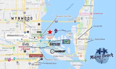 a map of the miami beach attractions at The Palms! Direct water view corner condo in Miami