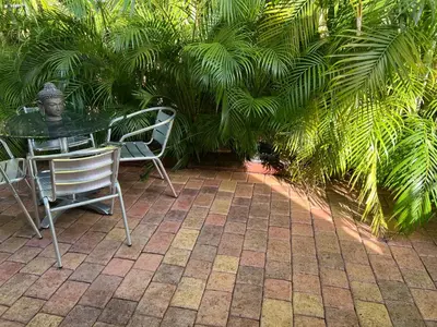 a table and chairs on a patio with palm trees at VILLA GUILLA in Miami