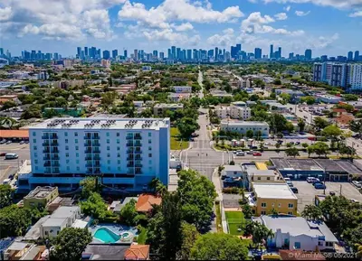 an aerial view of a city with a tall building at Homey Little Havana Apt Centrally located Hv4 in Miami
