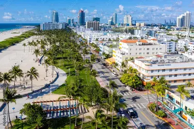 an aerial view of a city with a beach and buildings at Pretty Private Room, near the Airport - Free parking - 02 in Miami