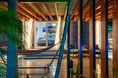 a hammock in a house with a palm tree at Blue Ocean Vacation Home 1 in Fort Lauderdale