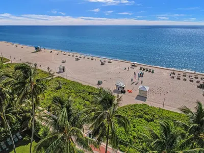an overhead view of a beach with palm trees and the ocean at Ocean View condo w beach service 411 in Miami Beach