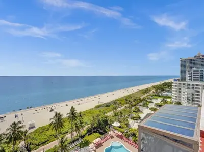 an aerial view of the beach and the ocean at Huge Terrace Oceanfront Condo Beach Service 1502 in Miami Beach