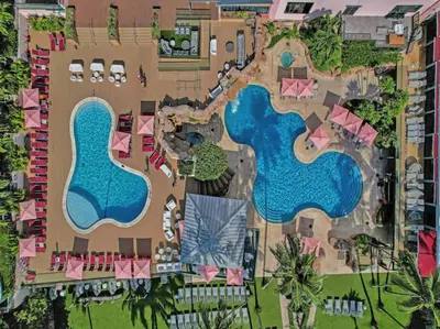 an aerial view of a resort with two swimming pools at Ocean View Condo Beach Service and Pool 618 in Miami Beach