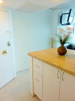 a kitchen with a counter with a vase of flowers on it at Castle 1120 Bayview Studio, Beach access, Pool, Tennis, Free parking in Miami Beach
