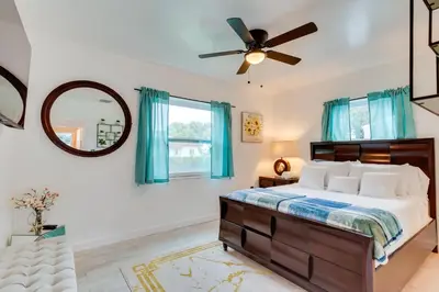 a bedroom with a bed and a ceiling fan at Stylish Miami Home 2 Mi to Intracoastal Waterway! in Miami