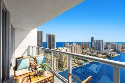 a balcony with a view of the city at Near Beach - Pool - Infinity View - Balcony - Gym in Hallandale Beach