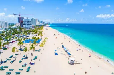 a view of a beach with palm trees and the ocean at Tiffany Emerald - Rooftop Pool, Gym, & Walk to Beach in Fort Lauderdale