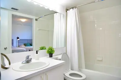 a bathroom with a sink and a toilet and a shower at Charming 2 bedroom 2 bathrooms at aventura in Miami