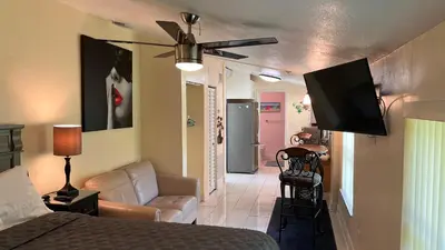 a bedroom with a bed and a flat screen tv at Billy's Resort- Men Only - Solo Hombres in Wilton Manors