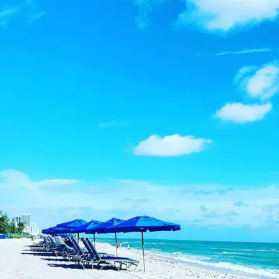 a group of blue umbrellas and chairs on a beach at Pet-Friendly Aventura Pool, Beach, Golf, Gym in Aventura