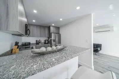 a kitchen with a counter with a bowl on it at Homey Studio near the Airport and Water Park in Miami