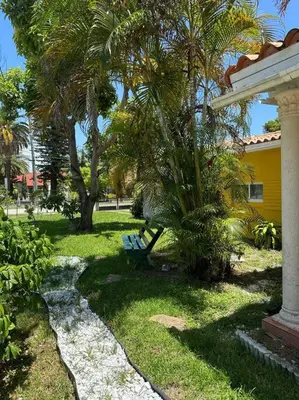 a blue bench sitting next to a house with palm trees at Stylish Studio Brickell/Little Havana@ItalianPlaza in Miami