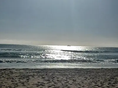 a beach with the sun reflecting on the water at Magical Beachfront King Escape in Hollywood