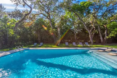 a swimming pool with chairs and trees in the background at Villa Arielle in Miami