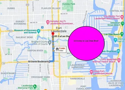 a pink circle on a map at Rustic Retreats Modern 1BR For 4 Guests Minutes From Las Olas in Fort Lauderdale