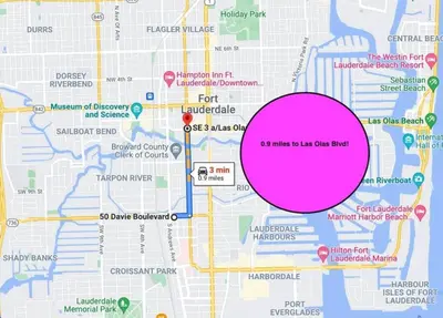 a pink circle on a map at Rustic Retreats Beachy 1BR for 4 guests in the heart of Fort Lauderdale in Fort Lauderdale
