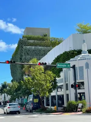 a traffic light in front of a building with a plant at South Beach Escape in Miami Beach