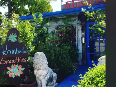 a statue of a lion in a garden at Crocodhouse early check in eight years hosting in Fort Lauderdale