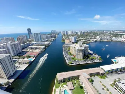 an aerial view of a river in a city at Modern Apt by the Beach with Full Kitchen -A in Hallandale Beach
