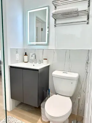 a bathroom with a toilet and a sink and a mirror at High-End remodeled apartment, On the Beach in Miami Beach