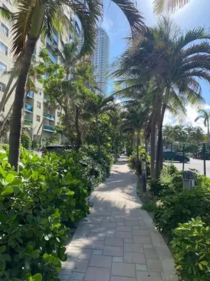 a walkway with palm trees on a city street at Smart Stay Near the Ocean 2Full Beds Beach Studio in Hallandale Beach