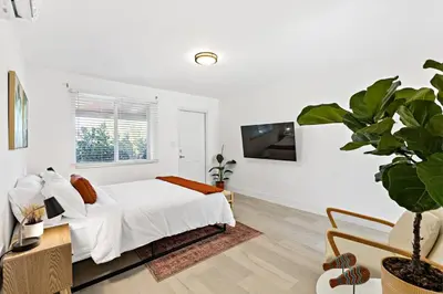 a white bedroom with a bed and a potted plant at Lovely Rental Unit with free Parking on Premises in Fort Lauderdale