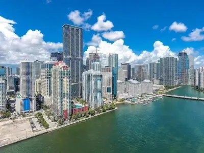 an aerial view of a large city with a body of water at Club at Brickell Bay Bayview Balcony 1BR Free Parking in Miami