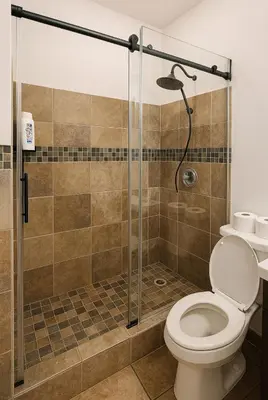 a bathroom with a shower with a toilet at Modern Home - Termpurpedic Queen bed, Laundry, Free Parkging, EV Tesla in Hollywood