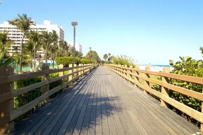 a wooden boardwalk leading to the beach with palm trees at Modern apartment steps the beach in Miami Beach