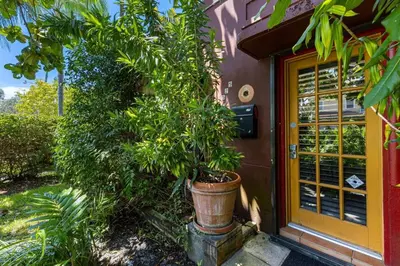 a tree in a pot in front of a house at Delight and cozy Apt close to Las Olas & the beach in Fort Lauderdale