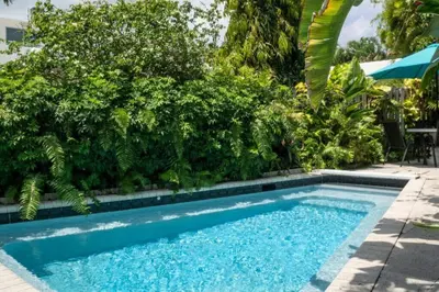 a swimming pool in front of a garden at Bright and Stylish Apt in Las Olas Blvd Victoria Park in Fort Lauderdale