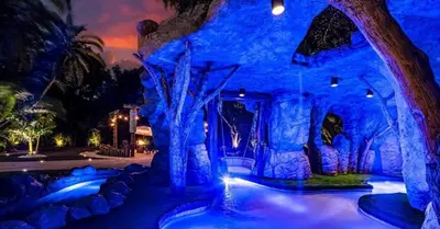 a resort with a blue room with a tree in it at Miami's Exclusive Lagoon Villa in Miami