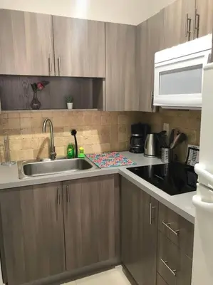 a kitchen with wooden cabinets and a sink at MODERN AND ECLECTIC APARMENT A STEPS THE BEACH in Miami Beach