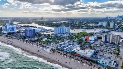 an aerial view of a beach with hotels and buildings at Studio Right off Las Olas - Steps to FTL Beach 2B in Fort Lauderdale