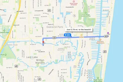 a map of the city of melbourne with a red arrow at Private studio, 5 min. walk to Wilton Drive in Fort Lauderdale